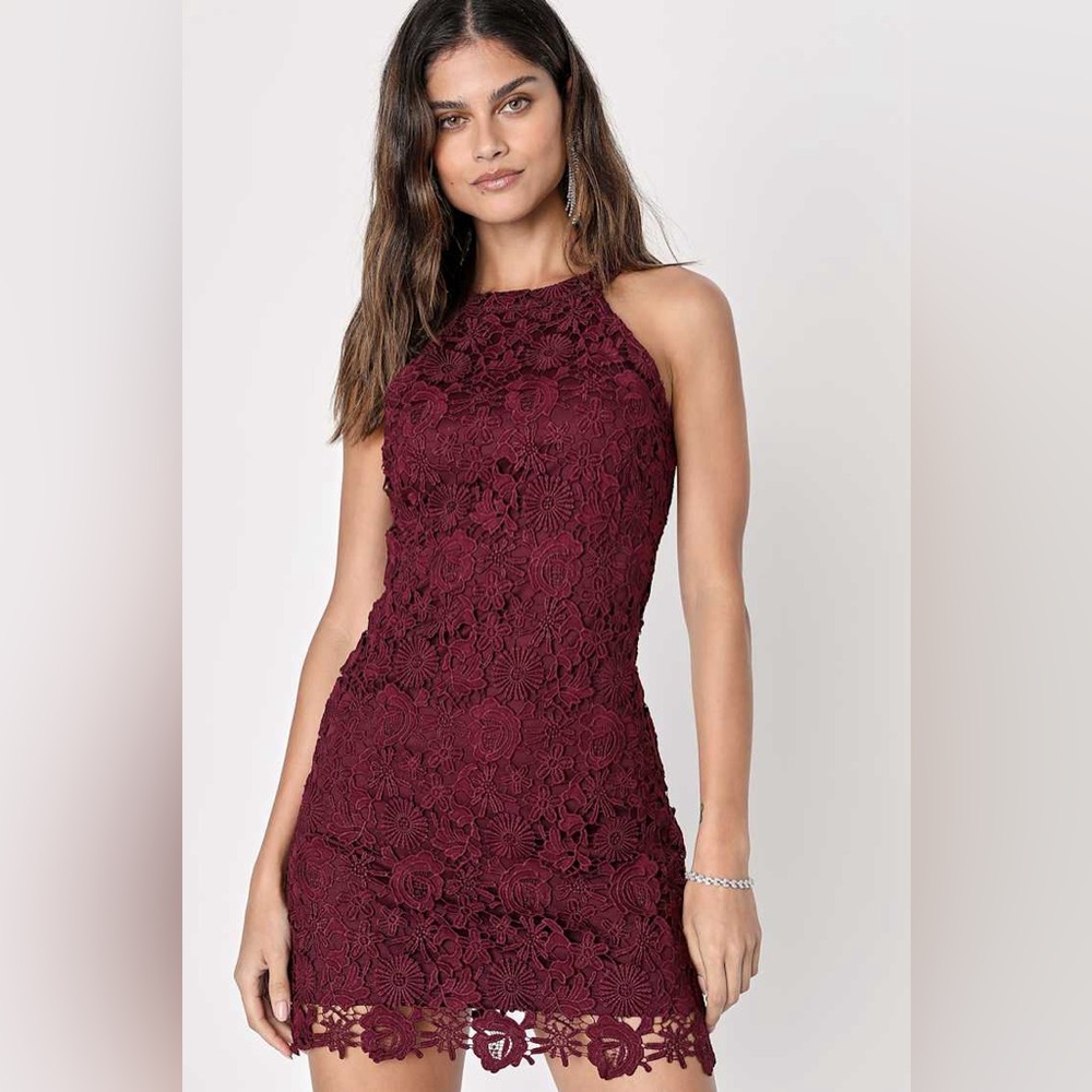 Lulu's Burgundy Lace Halter Mini Dress